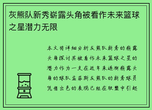 灰熊队新秀崭露头角被看作未来篮球之星潜力无限