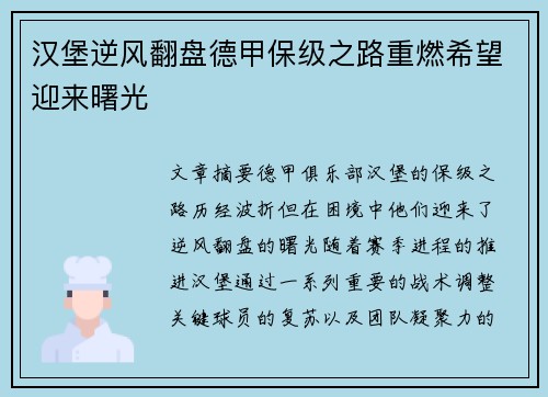 汉堡逆风翻盘德甲保级之路重燃希望迎来曙光