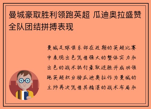 曼城豪取胜利领跑英超 瓜迪奥拉盛赞全队团结拼搏表现
