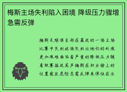 梅斯主场失利陷入困境 降级压力骤增急需反弹