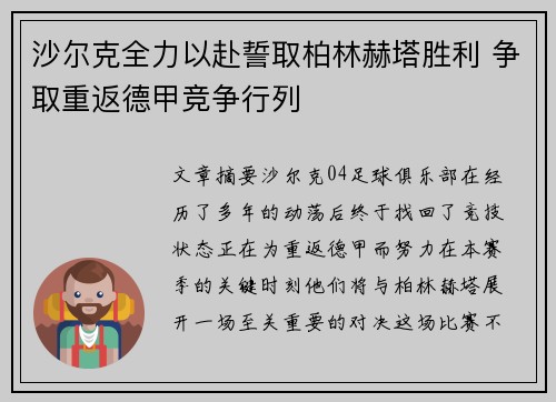 沙尔克全力以赴誓取柏林赫塔胜利 争取重返德甲竞争行列