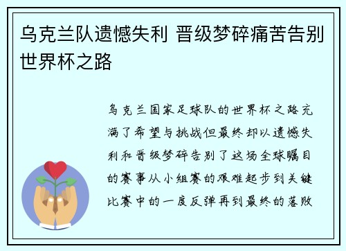 乌克兰队遗憾失利 晋级梦碎痛苦告别世界杯之路