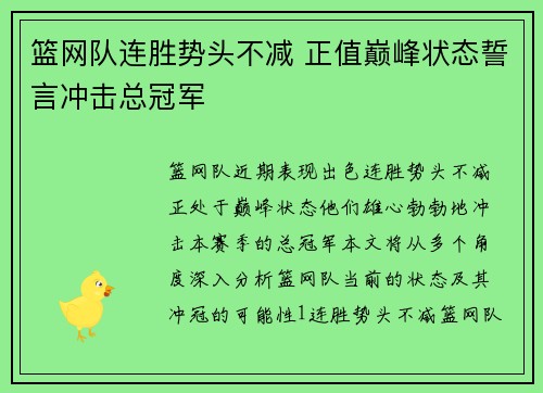 篮网队连胜势头不减 正值巅峰状态誓言冲击总冠军