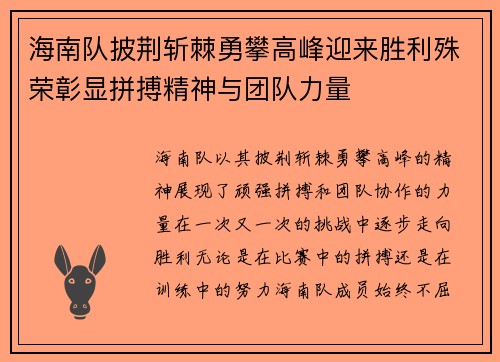 海南队披荆斩棘勇攀高峰迎来胜利殊荣彰显拼搏精神与团队力量