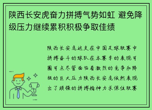 陕西长安虎奋力拼搏气势如虹 避免降级压力继续累积积极争取佳绩
